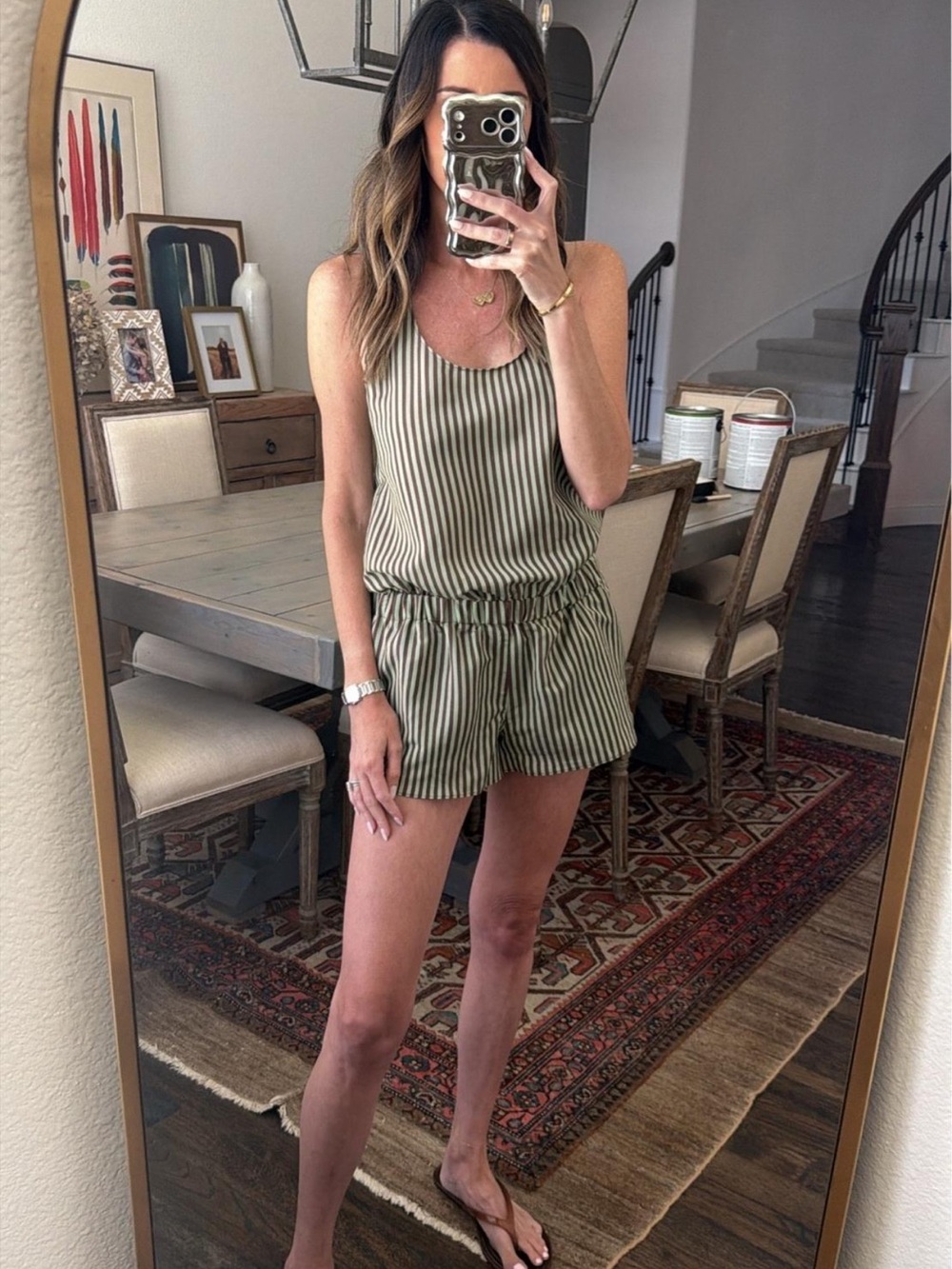 Zara Olive Green Striped Sleeveless Romper